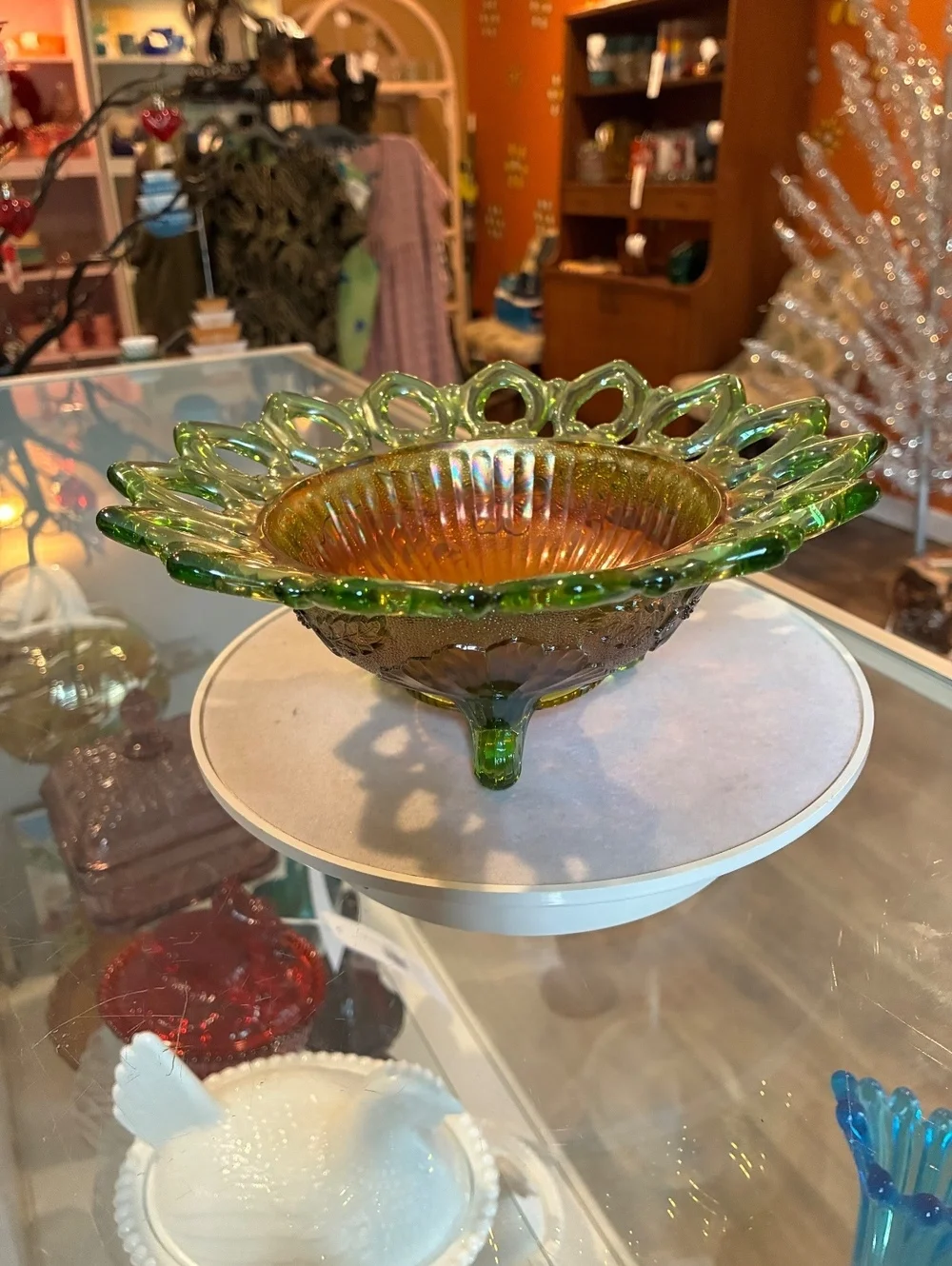 Northwood Antique Wild Rose Green Carnival Glass Open Edge Bowl